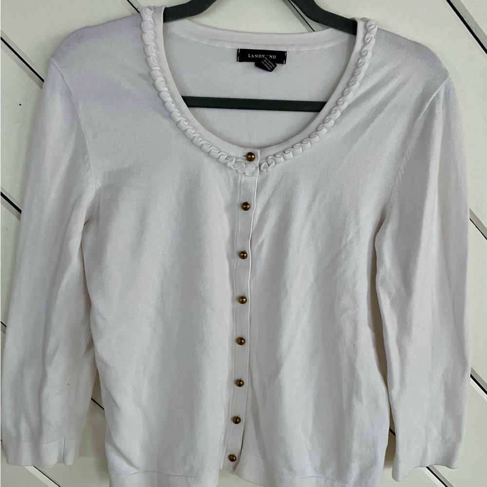 Lands' End White Knit Cardigan with Ruffled Collar and Bronze Buttons